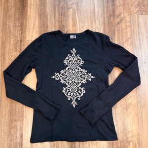 One World Vintage Y2K Long Sleeve Top with Graphic Design and Rhinestones,Size L